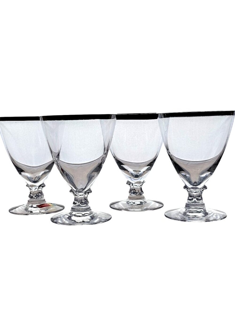 4 Fostoria Wedding Ring Cocktail Glasses 3.75" vtg banded silver trim 3oz